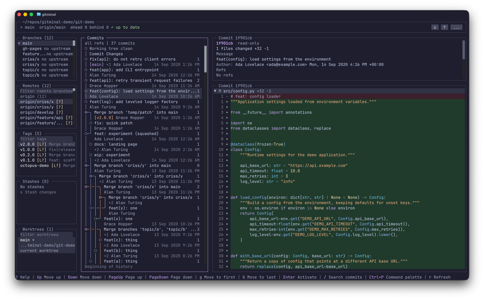 Gitminal v1.3.0 terminal interface showing Branches, Remotes, Tags, Stashes, Worktrees, Commit Graph with rounded box-drawing lanes, Commit Details, and syntax-highlighted Python diff.